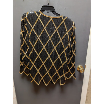 Vintage SCALA Evening black sequin formal top jagged hem 80s XL Handstitch SILK
