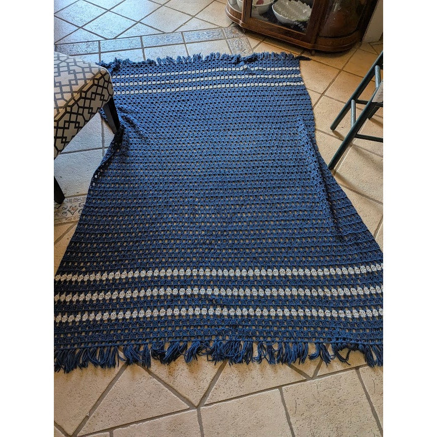 Handmade Dark Blue and Gray Crocheted Afghan throw w/ Fringe 84" x 64" Twin Bed