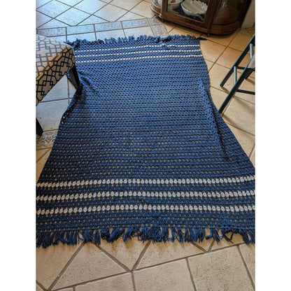 Handmade Dark Blue and Gray Crocheted Afghan throw w/ Fringe 84" x 64" Twin Bed