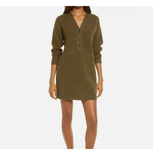 Madewell Henley Sweater Dress Heather Elm Green Buttons Wool Retail Size xs NEW