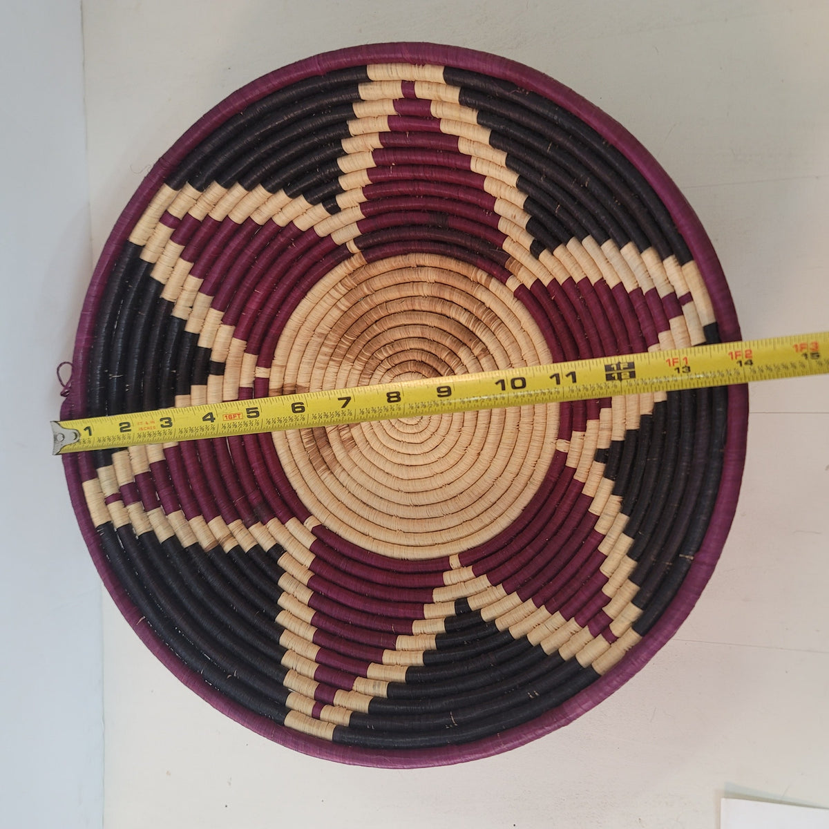 Handmade Woven Grass Coil Basket African Folk Art Bowl Wall BURGUNDY 14" x 3.5"