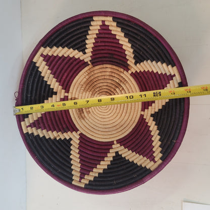 Handmade Woven Grass Coil Basket African Folk Art Bowl Wall BURGUNDY 14" x 3.5"