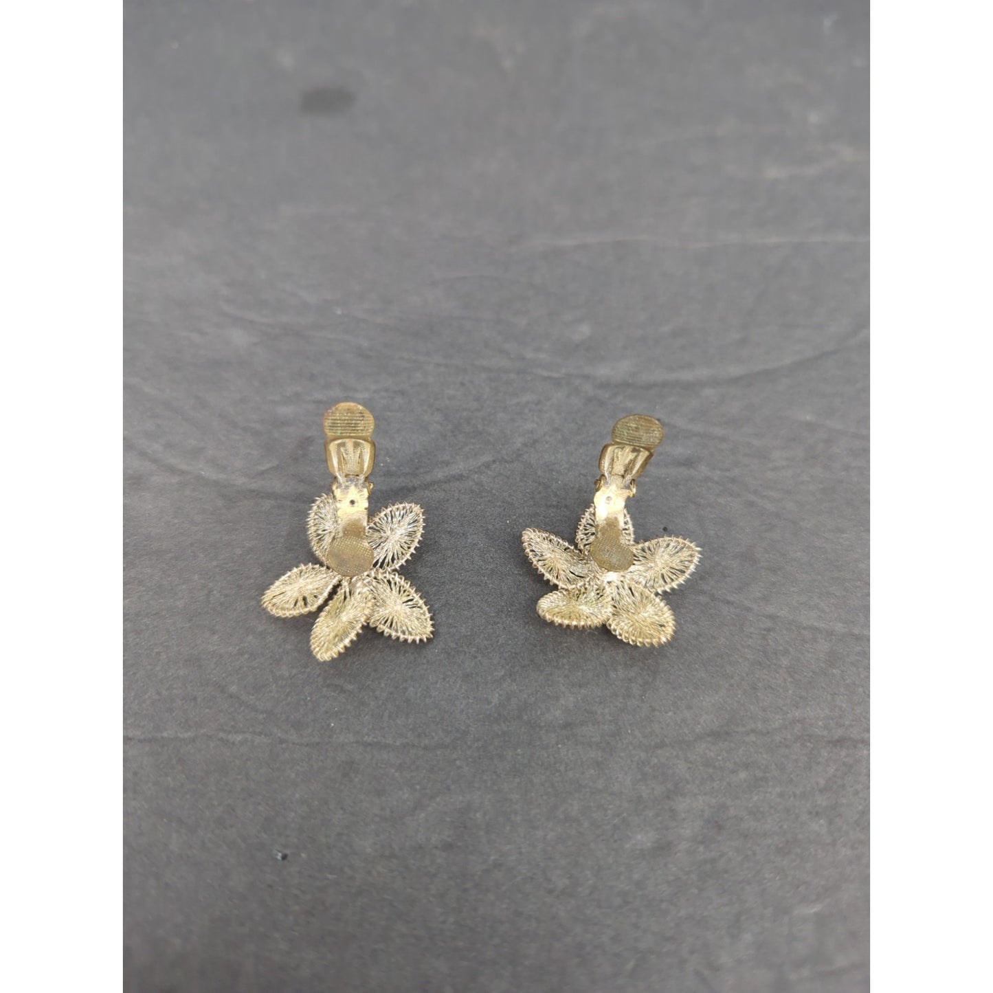 Vintage Gold Flower Clip On Earrings Mid-Century Open Work Textured Retro