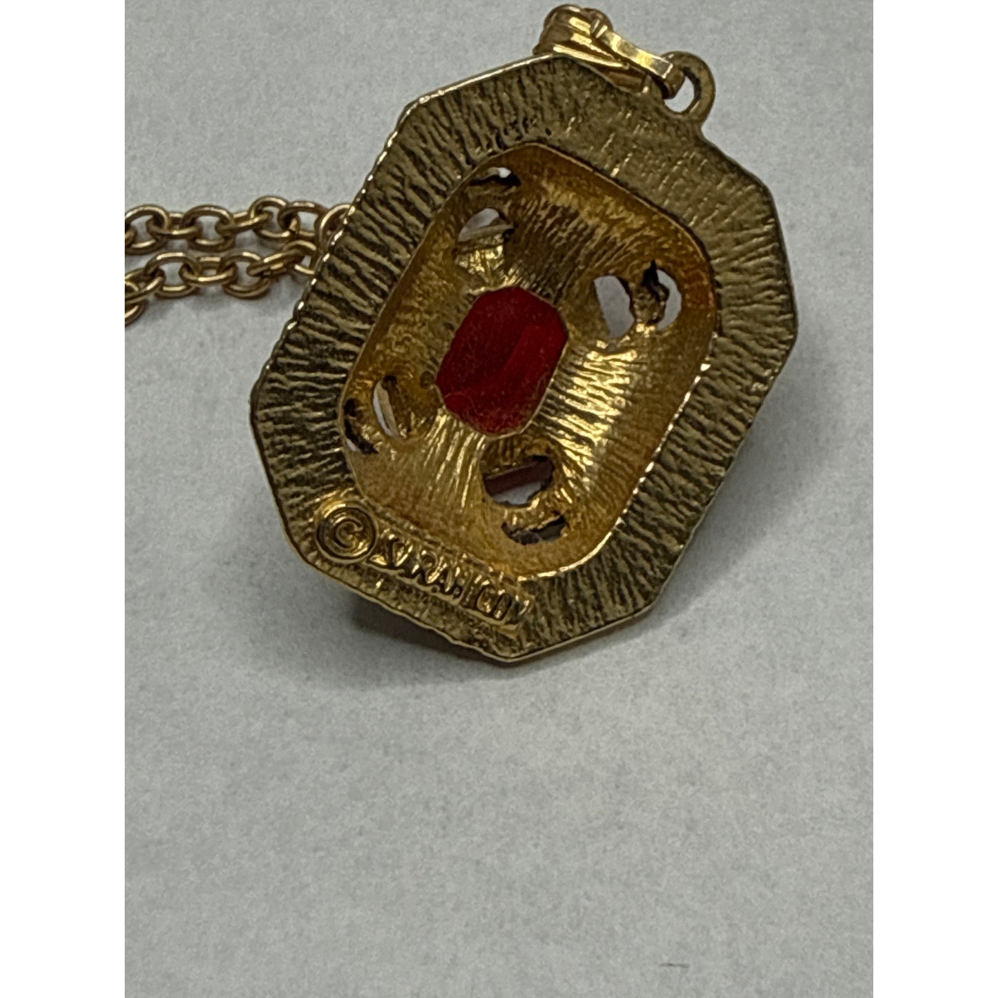 Sarah Coventry Vintage Red Lucite Emerald Cut Gold Tone Statement Necklace