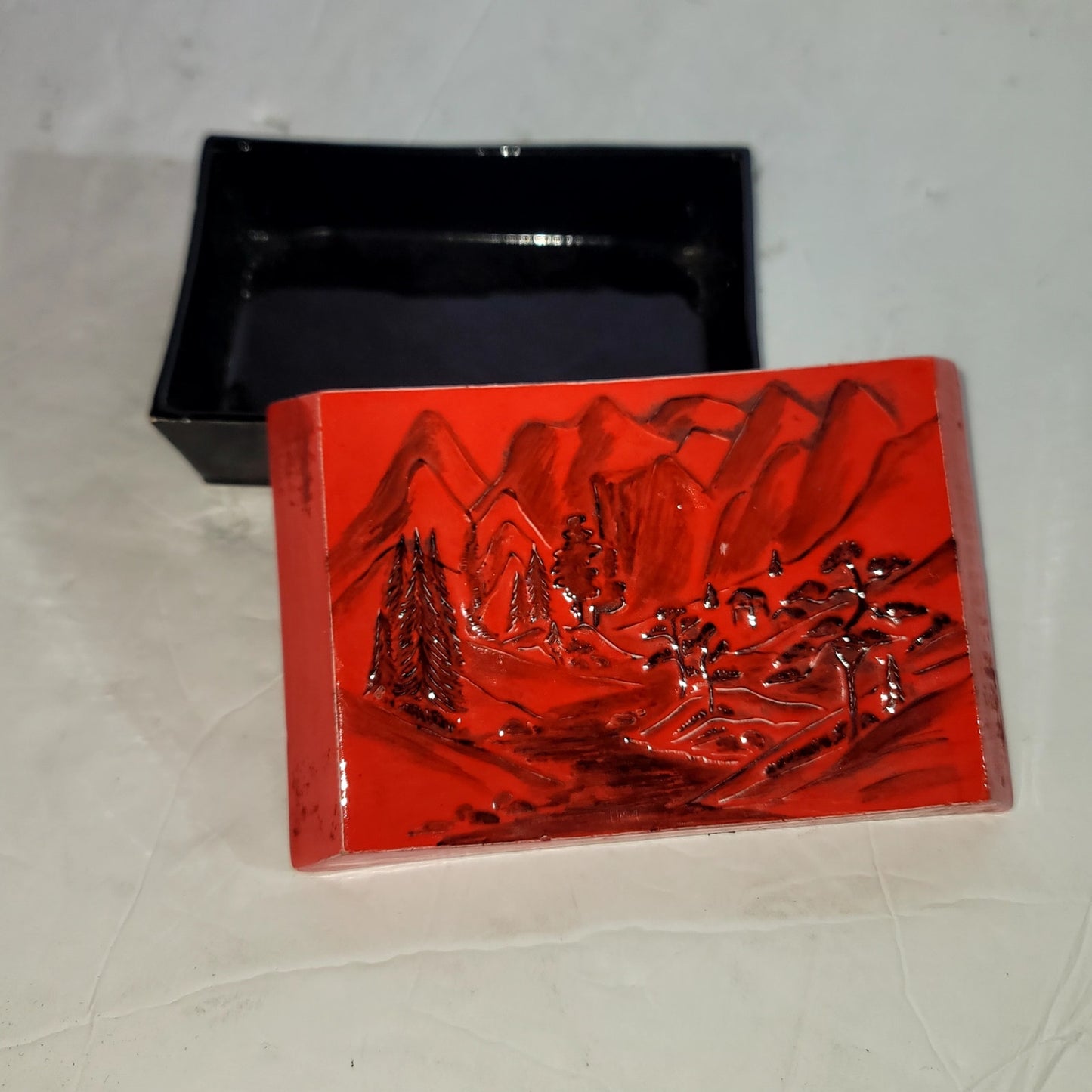 Japanese Inspired Red Black Ceramic Trinket Box Two Piece Landscape 2pc.