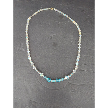 Vintage Beaded Toggle Clasp Statement Necklace Light Blue Gold Tone Bohemian