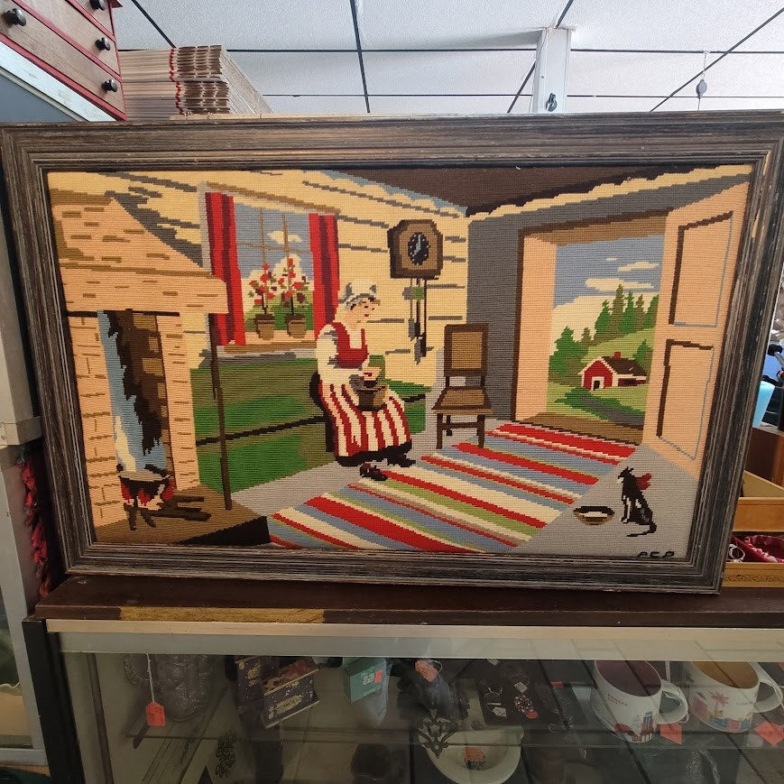 Vintage LARGE NEEDLEPOINT Colonial woman fireplace Cat primitive Textile Art 34"