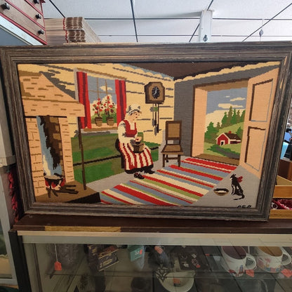 Vintage LARGE NEEDLEPOINT Colonial woman fireplace Cat primitive Textile Art 34"