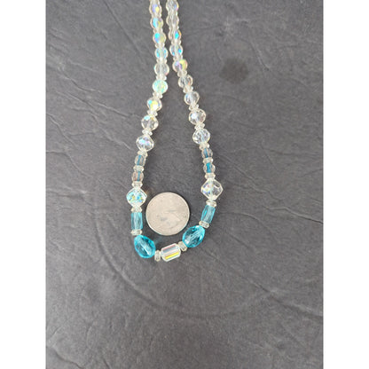 Vintage Beaded Toggle Clasp Statement Necklace Light Blue Gold Tone Bohemian