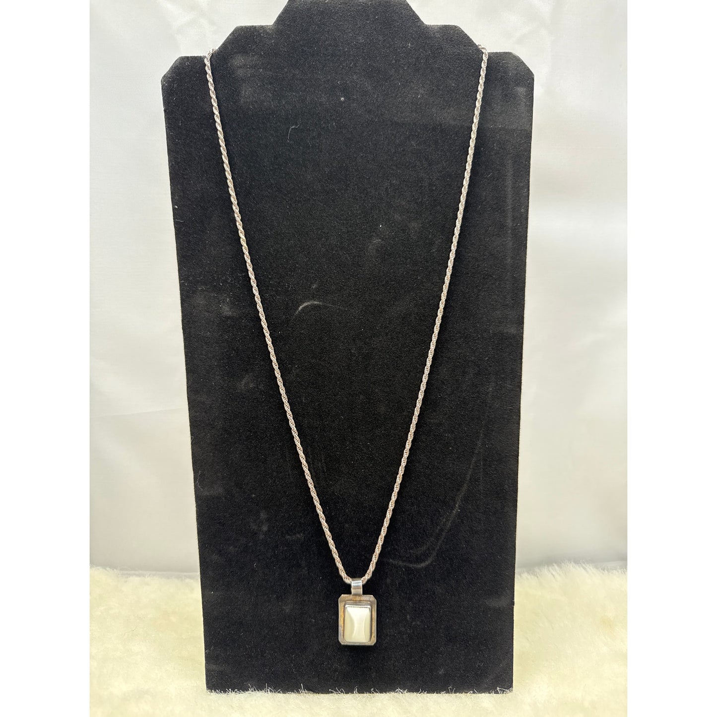 Mexican Sterling Silver Mother of Pearl Rectangular Pendant Necklace Rope Chain