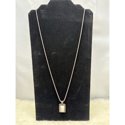 Mexican Sterling Silver Mother of Pearl Rectangular Pendant Necklace Rope Chain