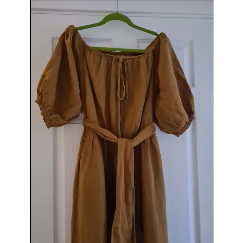 TOPSHOP Linen Belted Bardot Strapless Off Shoulder Dress Tan Brown Size 12