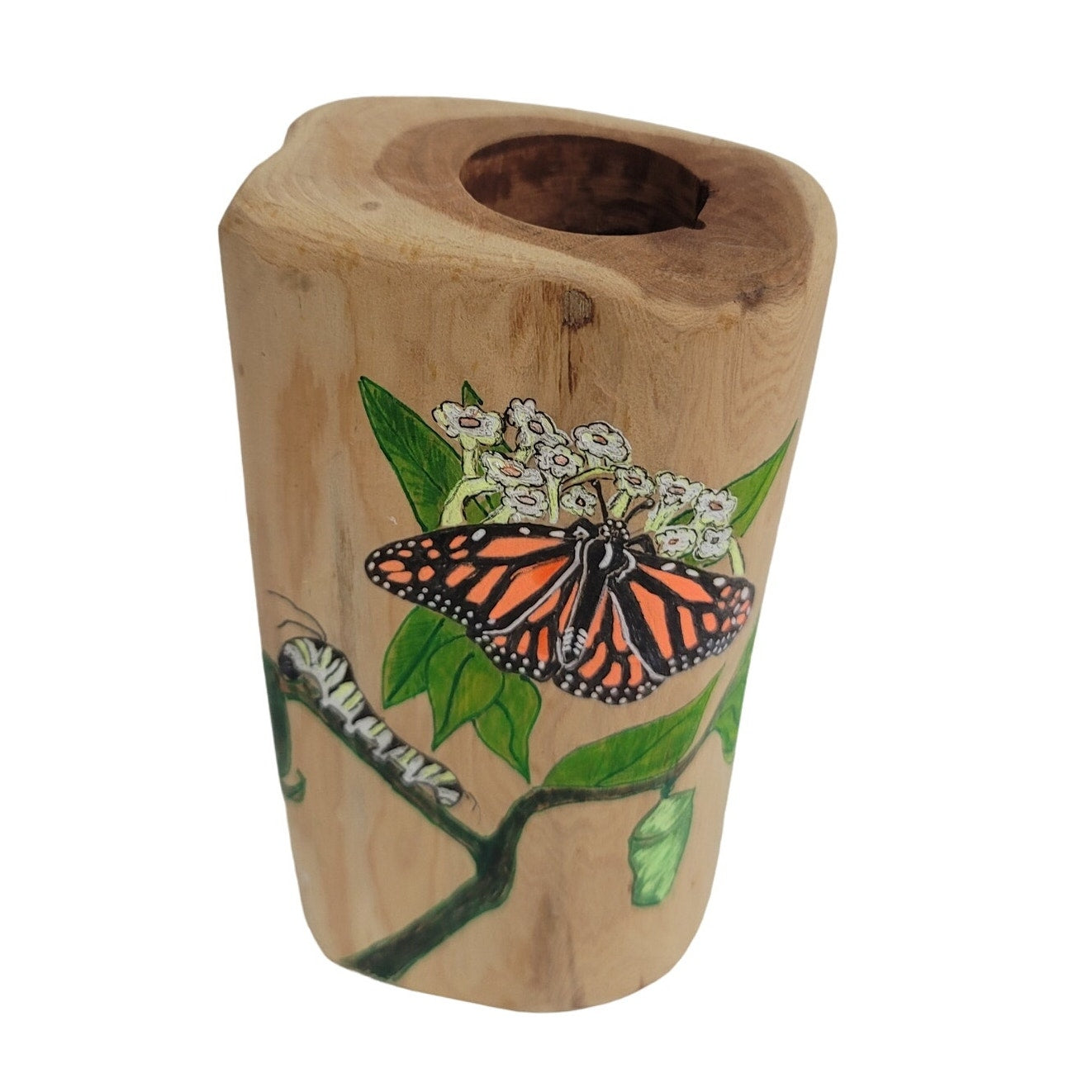 Handmade wood pillar tea light candle holder painted Caterpiller & Butterfly '13