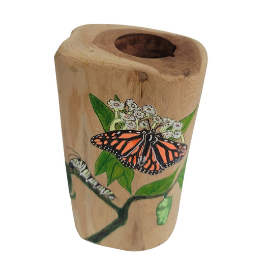 Handmade wood pillar tea light candle holder painted Caterpiller & Butterfly '13