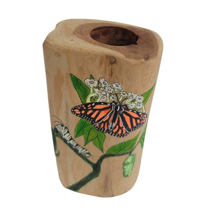 Handmade wood pillar tea light candle holder painted Caterpiller & Butterfly '13