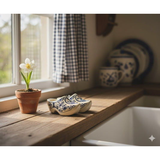 Mini Pair wood blue cream clogs HOLLAND delft  3.5" Windmills