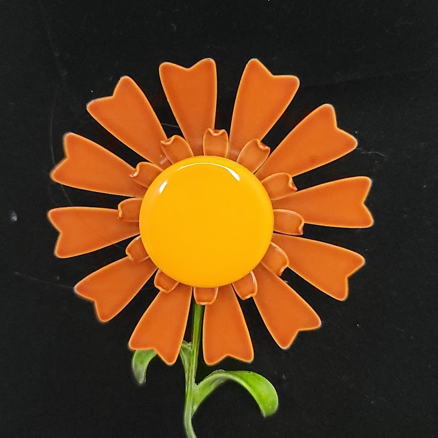 Vintage Orange Yellow Enamel Daisy Flower Brooch Mid Century mod