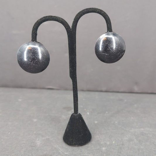Vintage Black Disc Huggie Clip On Earrings Silver Tone Gothic Fairycore 1980s