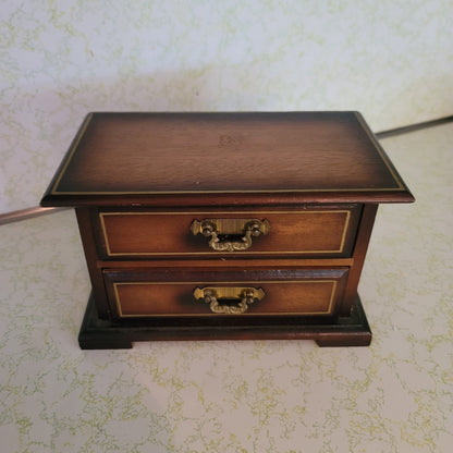 Vintage JEWELRY  wood music box brown yellow lining rings small vanity dresser