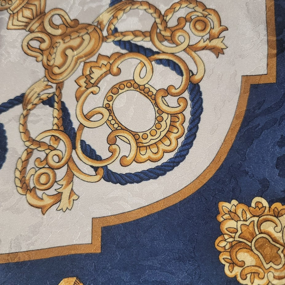 Vintage Italy Silk Scarf Navy Gold Tassel Equestrian Baroque Old Money Aesthetic