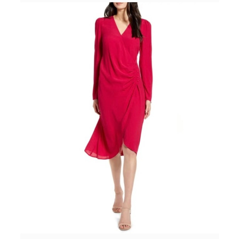 Chelsea28 Red Cerise Size Small Dress Long Sleeve VNeck Wrap NEW Career Evening