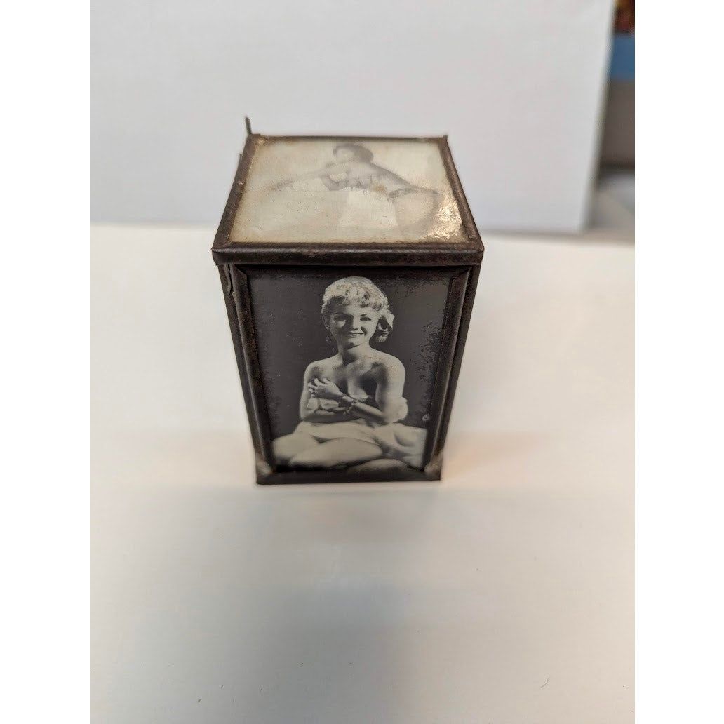 Vintage Risque Pinup Girl Metal Glass Trinket Box Boudoir Art Deco Novelty Retro