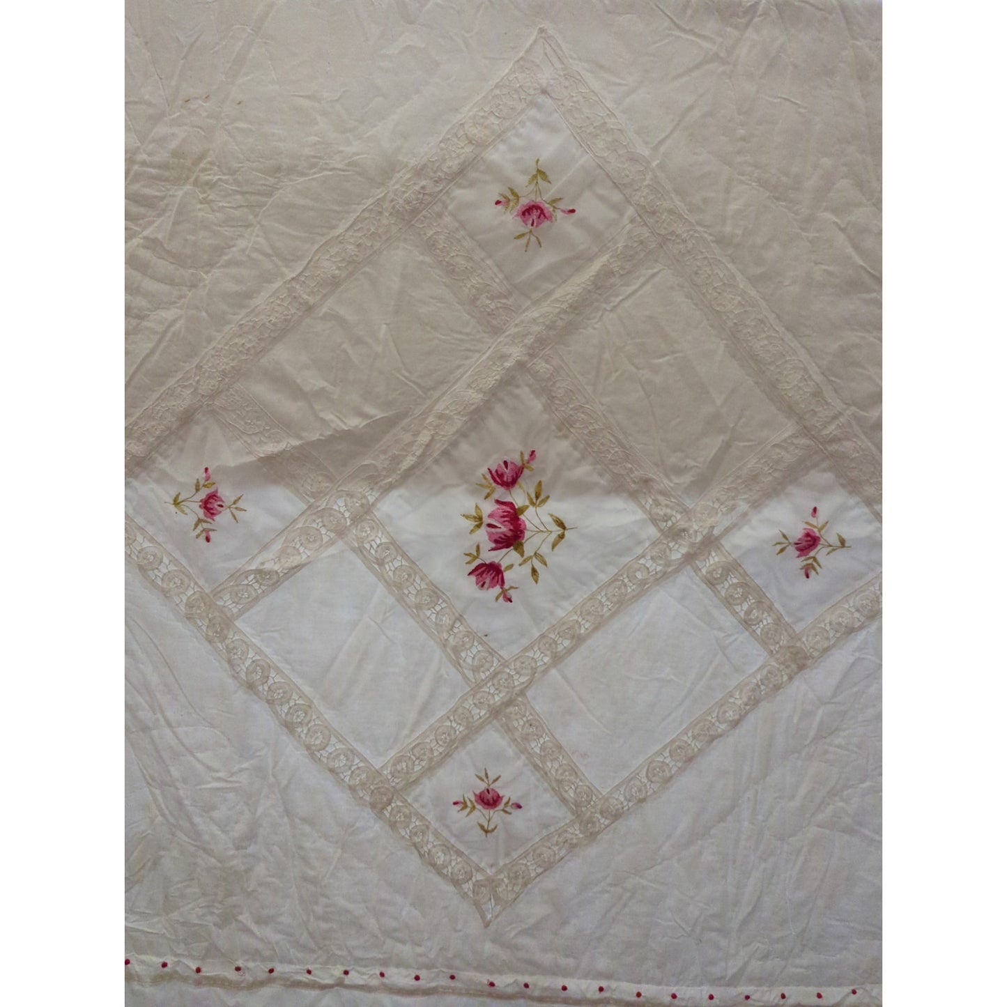 comforter Quilt NEEDS REPAIR shabby chic pink green cream 80" c 90"