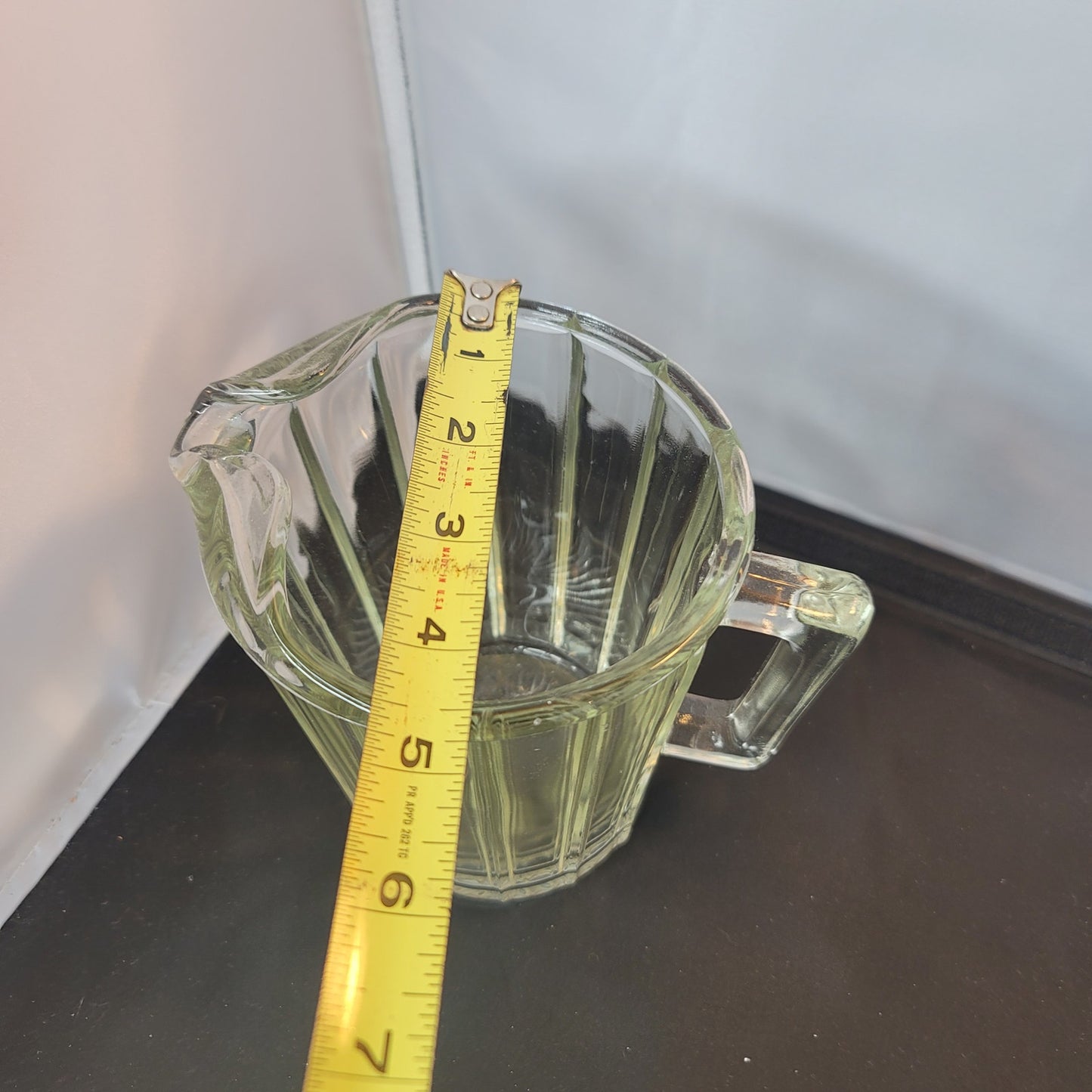Vintage Small Heavy Clear Glass PITCHER w/ Ice Lip, Square Handle & Wide Ribs
