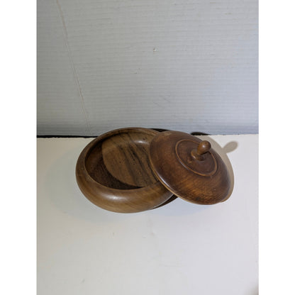 Vintage Hand-Turned Walnut Wood Lidded Trinket Bowl Mid-Century Modern Boho