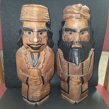 Vintage pair Japanese Wood Carved Ainu Carved Statues Hokkaido Japanese Folk Art