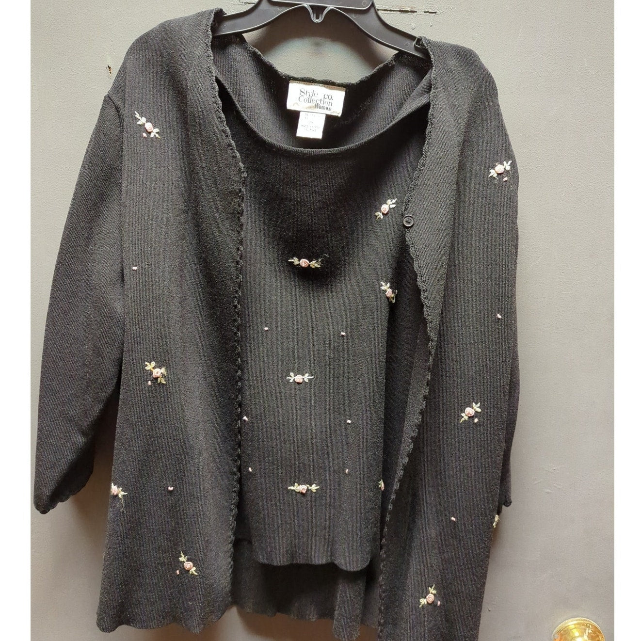 Style & Co. Collection Black Knit Cardigan Shell Set Floral Embroidery Y2K 1X