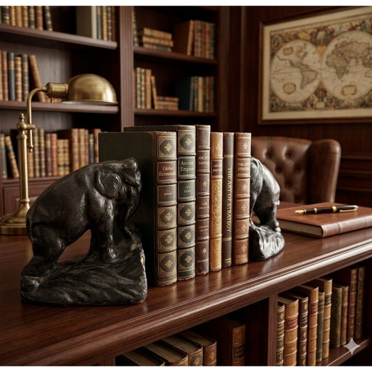 Vintage Black Chalkware Elephant Bookends Set Heavy Regency Eclectic Decor