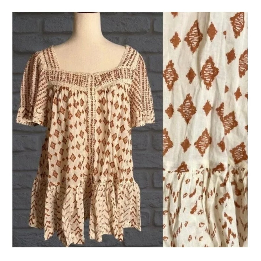 Free People SMALL  Mini Dress Tunic Short Sleeve Square Neck Brown Ivory Print