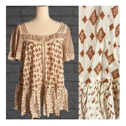 Free People SMALL  Mini Dress Tunic Short Sleeve Square Neck Brown Ivory Print