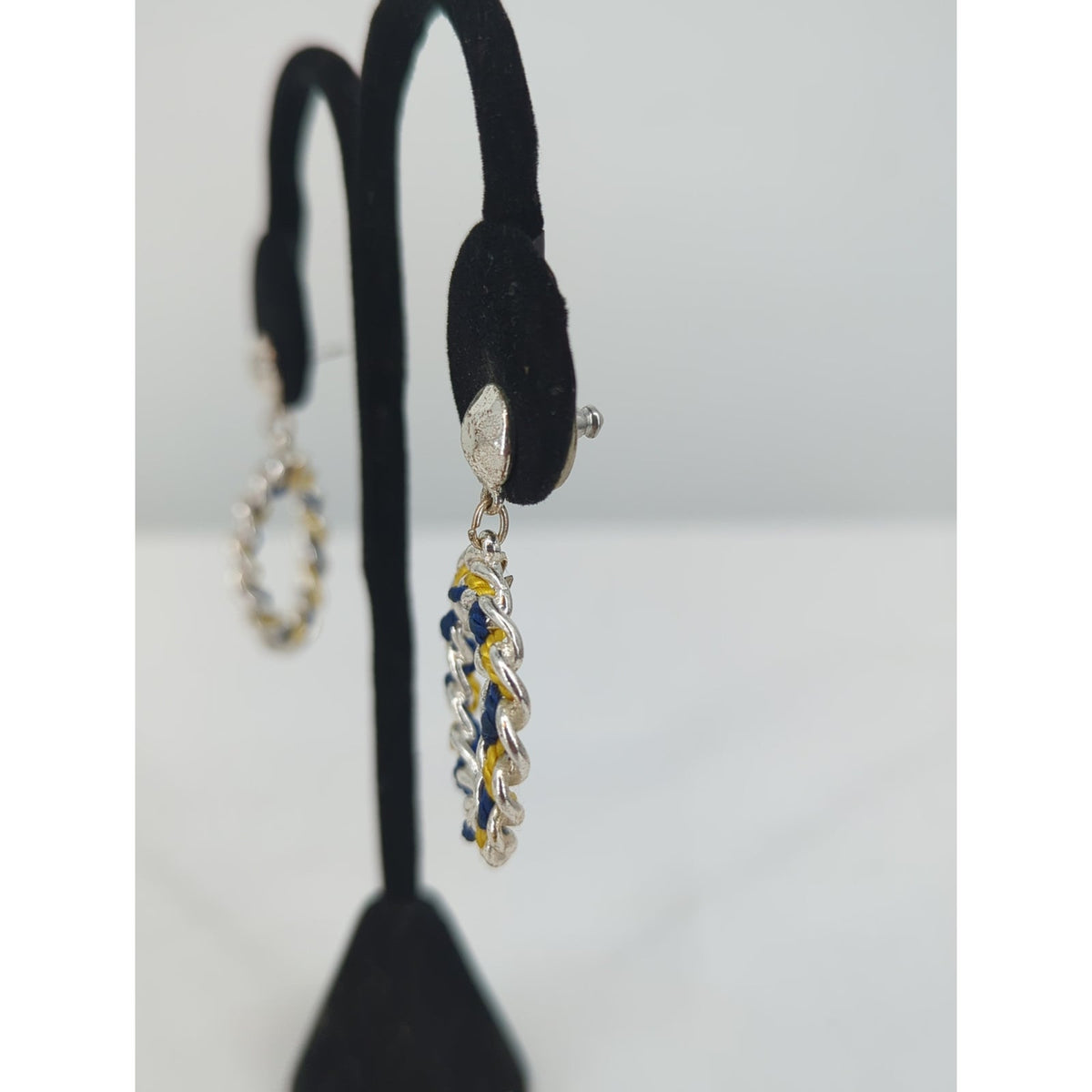 Vintage Silver Tone Blue Yellow Braided Hoop Dangle Earrings