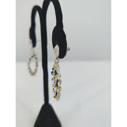 Vintage Silver Tone Blue Yellow Braided Hoop Dangle Earrings