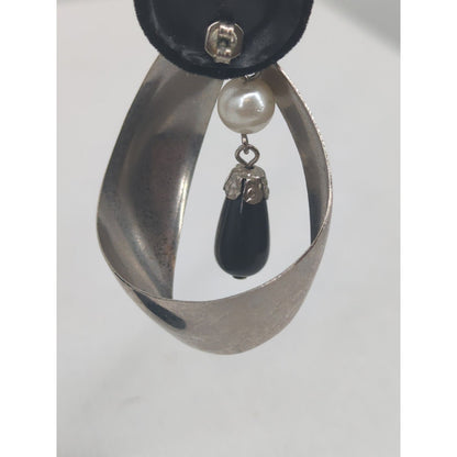 Vintage Swirl Hoop Earrings Silver-Tone Faux Pearl and Black Teardrop Dangle