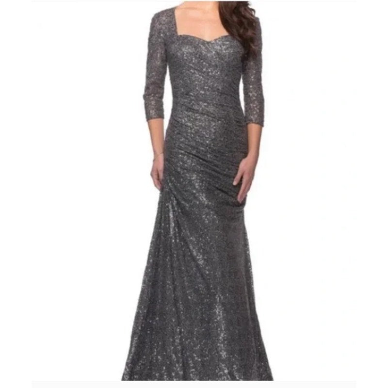 La Femme 28065 Gunmetal Sequin Gown Size 12 Formal Maxi Wedding 3/4 Sleeve NEW