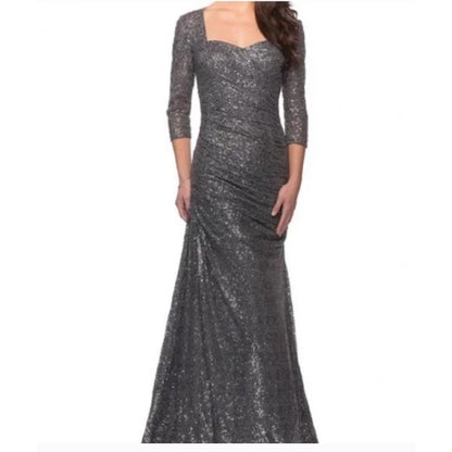 La Femme 28065 Gunmetal Sequin Gown Size 12 Formal Maxi Wedding 3/4 Sleeve NEW