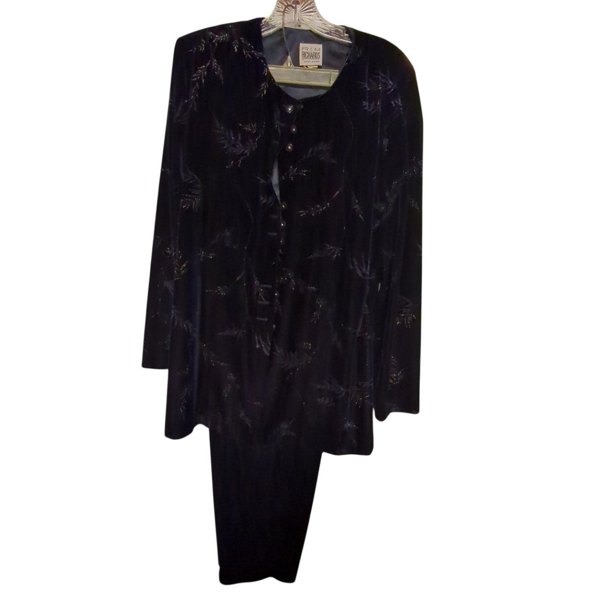 R&M Richards Navy Blue Velvet Burnout Pant Suit Set 16 Formal Evening 2PC