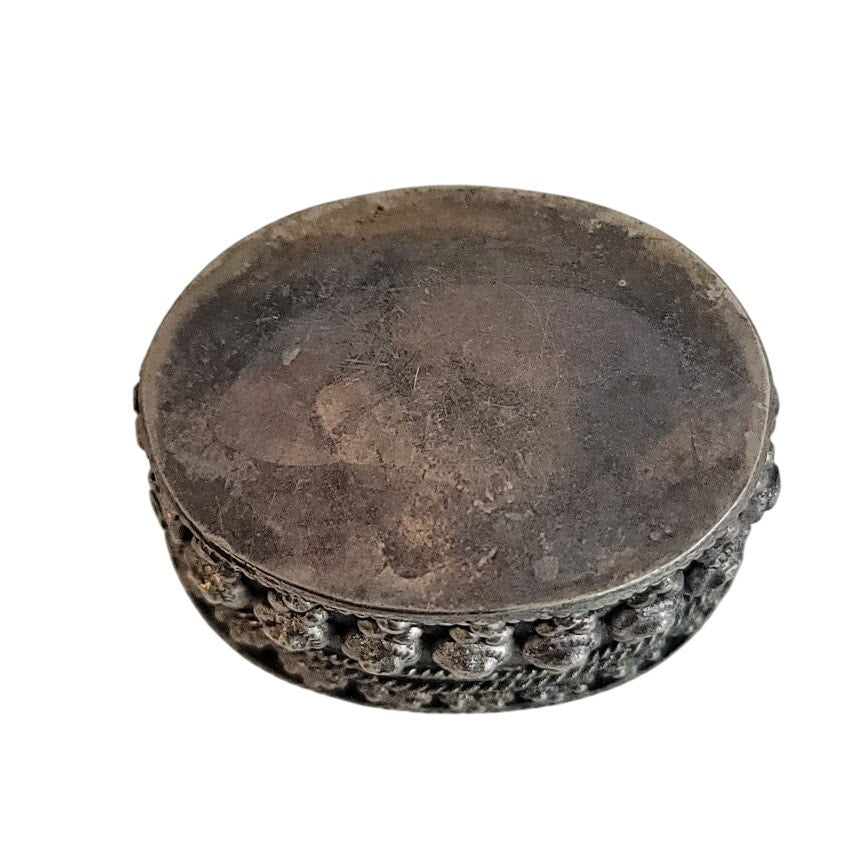 Vintage mini millefiori glass silverplate Lined metal trinket stash pill box 2"