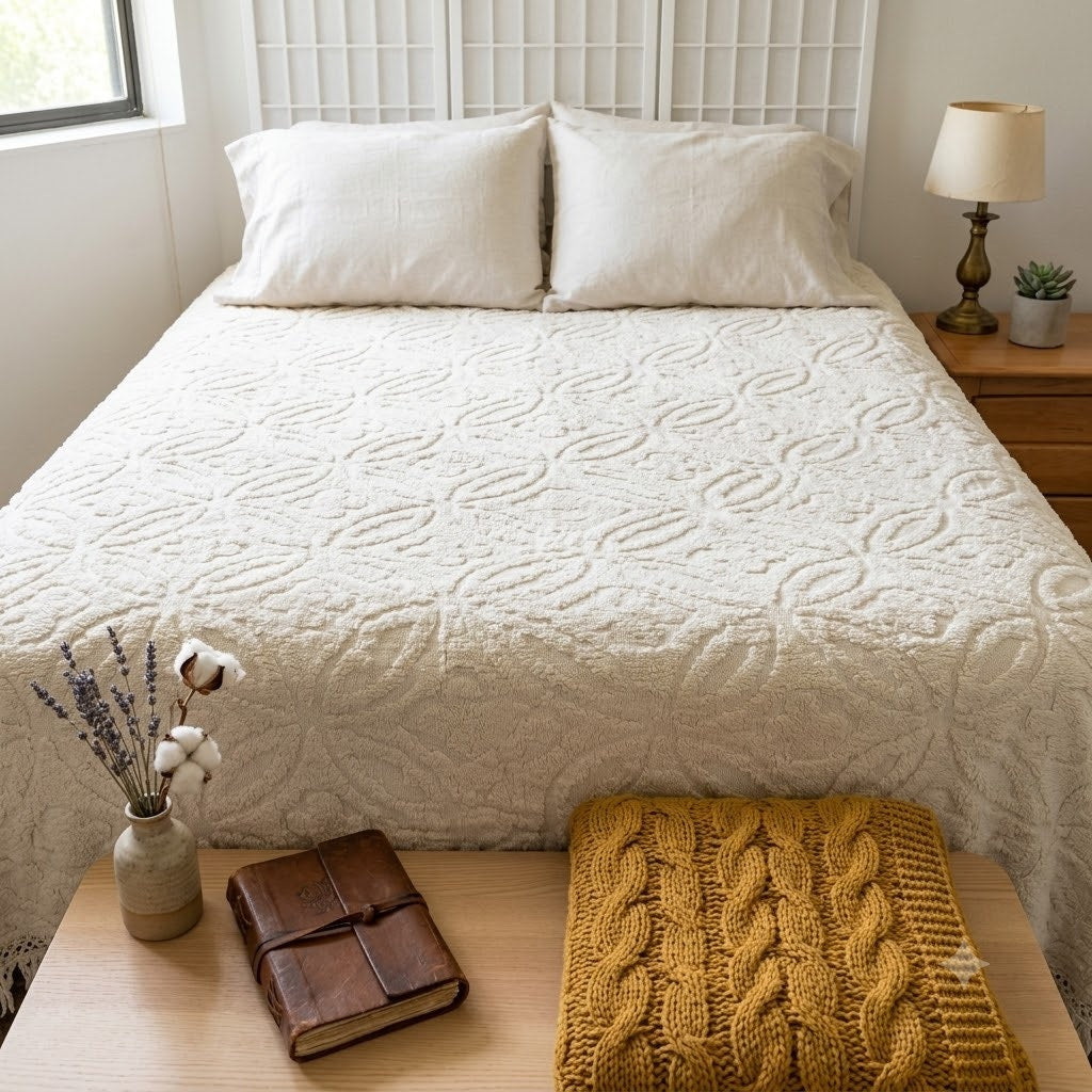 Vintage White Chenille Candlewick Medallion Queen Bedspread with Fringe
