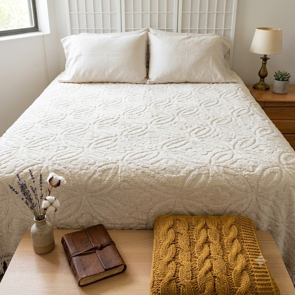 Vintage White Chenille Candlewick Medallion Queen Bedspread with Fringe