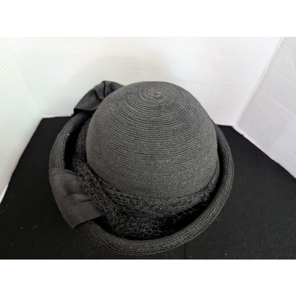 Vintage 50s Black Straw Breton Roller Hat Large Grosgrain Bow Rockabilly Church