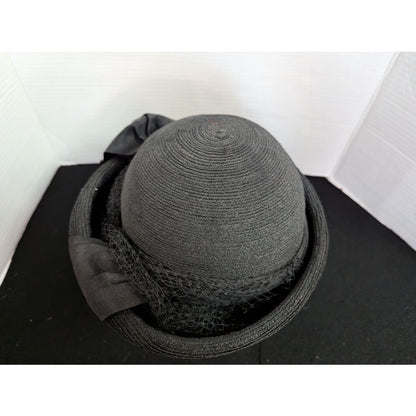 Vintage 50s Black Straw Breton Roller Hat Large Grosgrain Bow Rockabilly Church