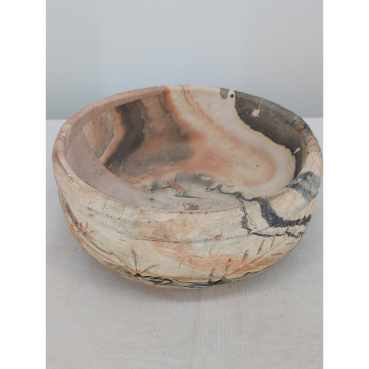Vintage Southwestern Agateware Marbled Pottery 8" Bowl Hand-Etched Folk Art