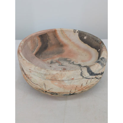Vintage Southwestern Agateware Marbled Pottery 8" Bowl Hand-Etched Folk Art