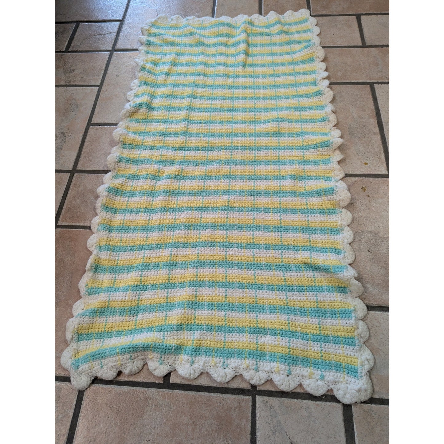 Vintage Hand-Crochet Pastel Plaid Baby Blanket with Scalloped Border