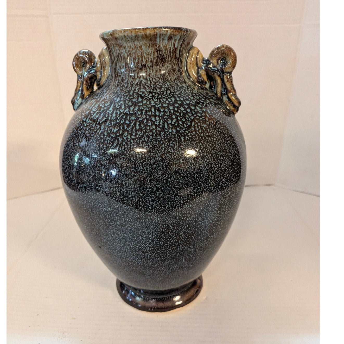 Vintage Studio Pottery Drip Glaze Urn Vase Double Handle Metallic Textured 12"