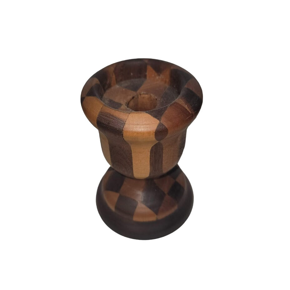 Vintage Taper Candlestick Holder Inlaid Turned Wood Marquetry Signed 1983 gift